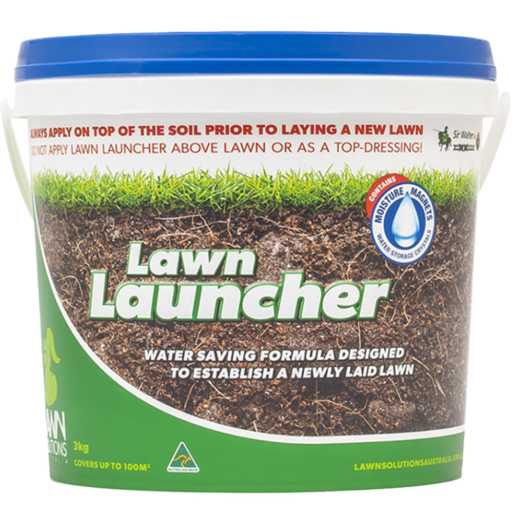 A bucket of Lawn Solutions Lawn Launcher, which is a fertilizer designed for establishing a new lawn. The bucket is labeled with the product name and has a graphic of green grass on the label.