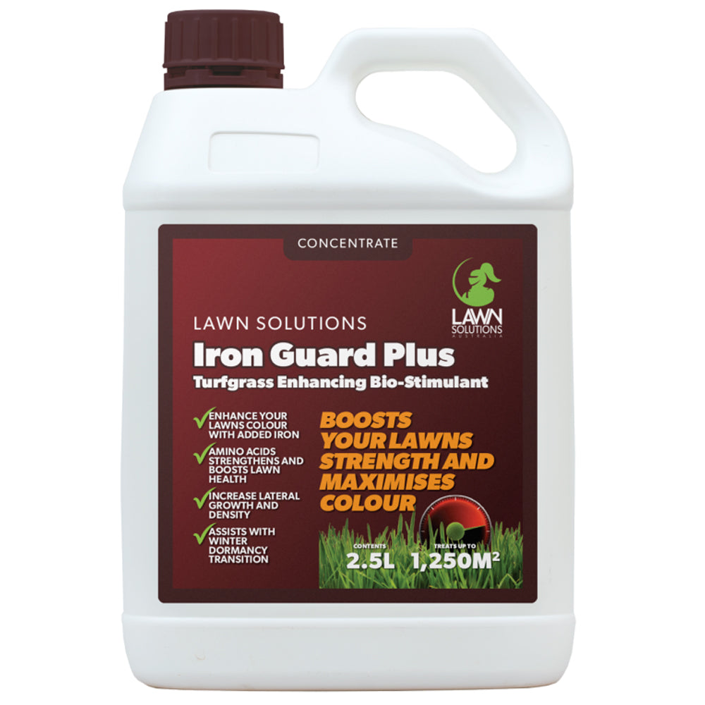 Lawn care product bottle labeled 'Iron Guard Plus' on a white background